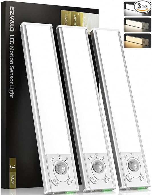 EZVALO Under Cabinet Lighting Wireless, 3Pack 7.8'' Rechargeable Closet Lights, LED Motion Sensor Indoor, Dimmable & 3 Color Temps Battery Operated with Power Display, for Kitchen, Stairs, Bookshelf