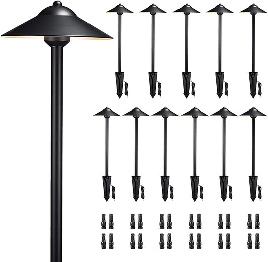 Gardenreet 12v Solid Cast Brass Path Light (9" Shade) - Low Voltage Pathway Lights Outdoor Wired, IP65 Outdoor Landscape Walkway Lighting, Hat Shape Black Garden Decorations Without G4 Bulb (12 Pack)