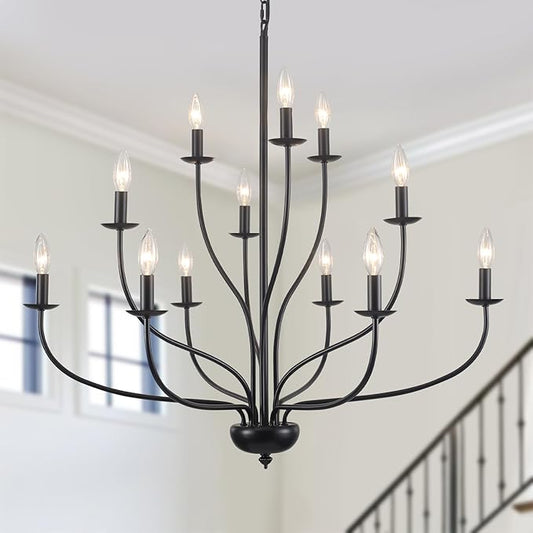 Black Chandelier 12 Light, Large Modern Farmhouse Chandeliers for Dining Room, Industrial Candle Pendant Lighting Fixture for Foyer Hallway Entryway High Ceiling, Bedroom, Living Room, Kitchen E12