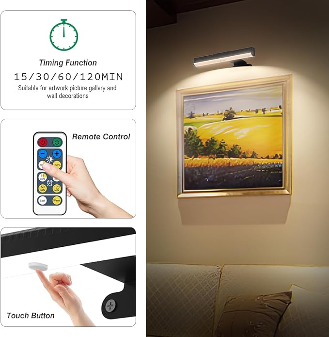 6Pack Wireless Picture Light for Wall Battery Operated Wall Sconces with Remote 3 Lighting LED Painting Light Timer&Dimmable Art Display Lights for Picture Gallery Posters Living Room Home Decor