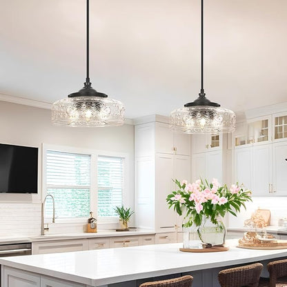 Black 3-Light Pendant Light with 12in Glass Shade, Farmhouse Pendant Lights Kitchen Island, Adjustable Hight & Angle Bathroom Pendant Ceiling Hanging Light Fixtures for Home Bedroom Hallway, 3*E12