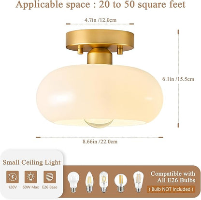 Mid-Century Modern Gold Semi Flush Mount Ceiling Light,White Glass Dome Hallway Lighting Fixtures, Metal Close to Ceiling Lamp for Entryway Bathroom Kitchen Bedroom Porch Foyer Office(8.66 Inch)