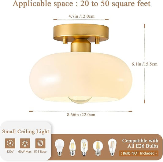 Mid-Century Modern Gold Semi Flush Mount Ceiling Light,White Glass Dome Hallway Lighting Fixtures, Metal Close to Ceiling Lamp for Entryway Bathroom Kitchen Bedroom Porch Foyer Office(8.66 Inch)