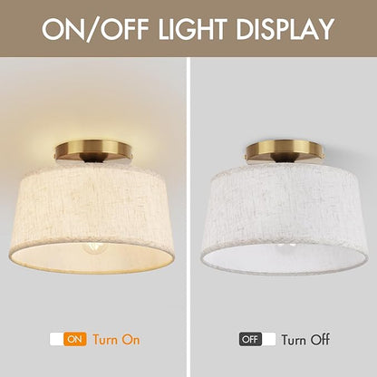 Modern Ceiling Light Fixture, 10 Inch Semi Flush Mount Lamp with Linen Shade, E26 Base, Gold for Kitchen Bedroom Hallway Closet Entryway Room Small Spaces