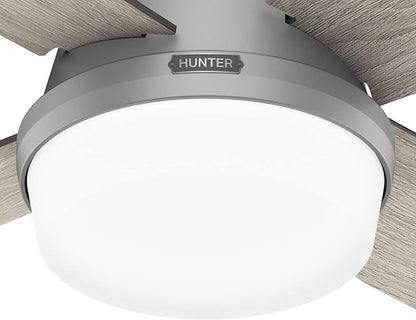 Hunter 52 inch Indoor Ceiling Fan with LED Light and Remote Control - Modern Ceiling Fan, Low Profile Mount, 4 Blades, For Bedroom, Living Room, or Kitchen, Quiet - Dempsey 51736, Matte Silver