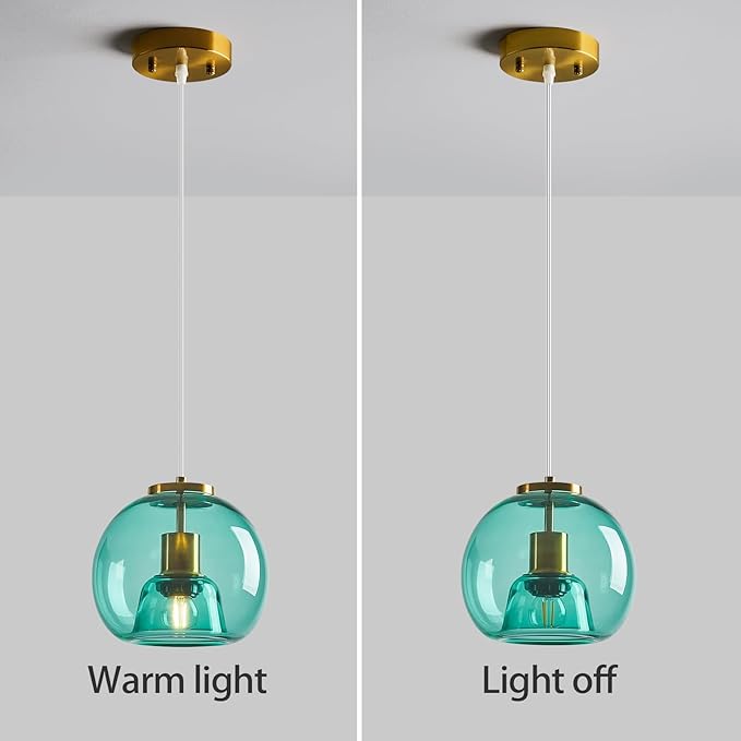 Light Blue Glass Pendant Lights Kitchen Island Gold Hanging Light Fixture Glass Globe Pendant Light Modern Pendant Lighting for Kitchen Island Bedroom Dining Room (7.87", 1 Pack)