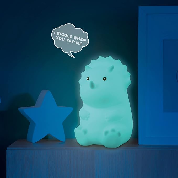 GLOBE Electric 13360 6" Triceratops and 9" Brontosaurus Giggling Dinosaur Duo Multicolor Changing Integrated LED Rechargeable Silicone Night Light, White, Table Lamps for Living Room, Bedroom, Den