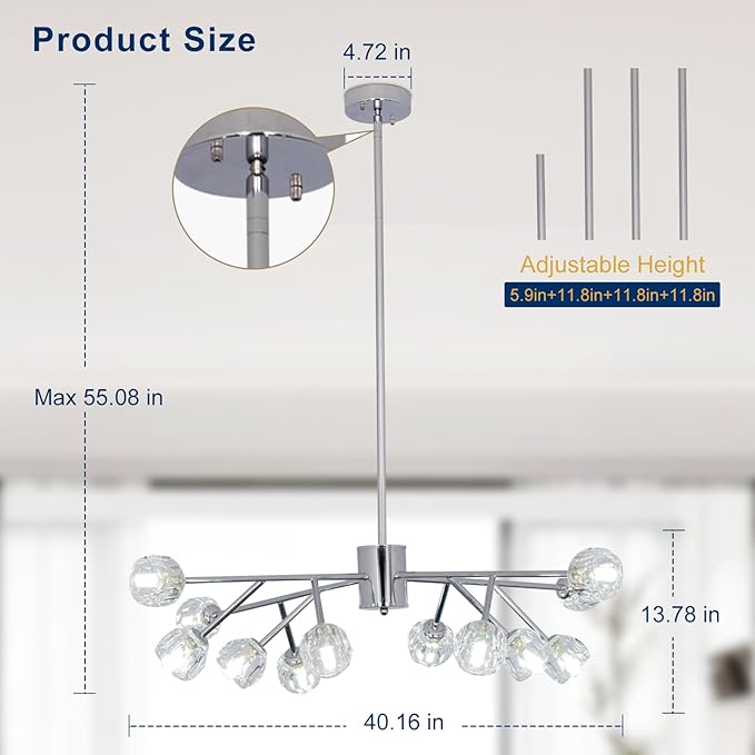 Depuley Chandelier Ceiling Light Fixture: 12-Light Modern Sputnik Chandelier for Dining Room - Height Adjustable Mid Century Chrome Crystal Chandelier for Bedroom Living Room (Included G9 Bulbs)