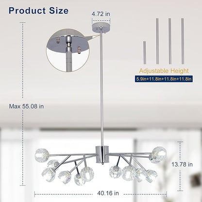 Depuley Chandelier Ceiling Light Fixture: 12-Light Modern Sputnik Chandelier for Dining Room - Height Adjustable Mid Century Chrome Crystal Chandelier for Bedroom Living Room (Included G9 Bulbs)
