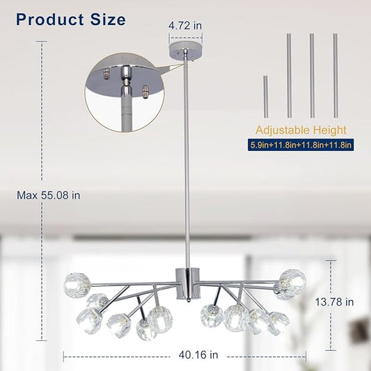Depuley Chandelier Ceiling Light Fixture: 12-Light Modern Sputnik Chandelier for Dining Room - Height Adjustable Mid Century Chrome Crystal Chandelier for Bedroom Living Room (Included G9 Bulbs)
