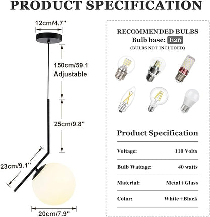 Modern Pendant Light, 1-Light Black Glass Globe Ceiling Pendant Lamp, Bedside Matte Hanging Pendant Light Fixtures for Bedroom Living Dining Room Kitchen