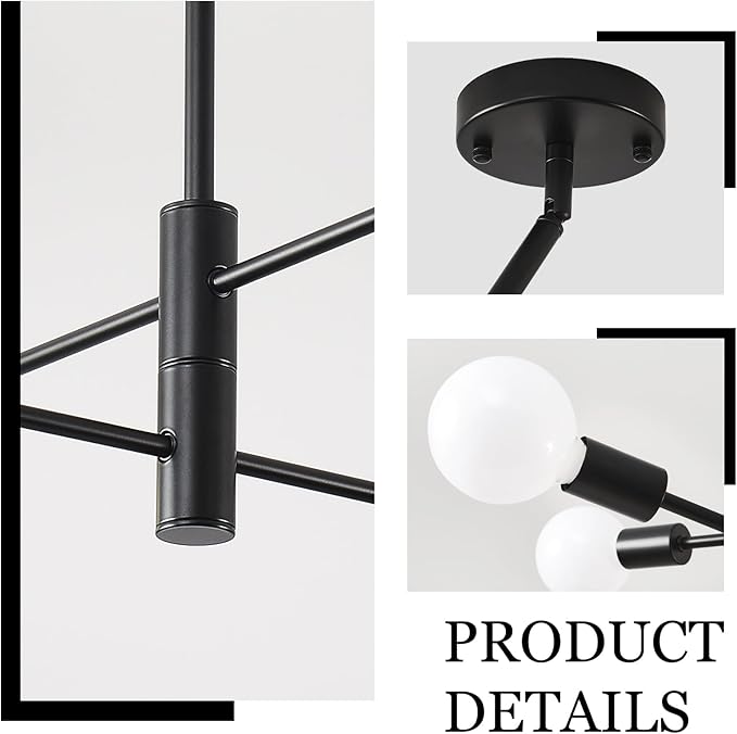 HHR 4-Light Sputnik Chandelier, Black Modern Chandelier Ceiling Light Fixture, Height Adjustable Chandeliers for Dining Room Kitchen Island, Mid Century Pendant Lighting for Living Room