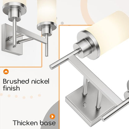 Bathroom Light Fixtures Brushed Nickel Vanity Lights with White Frosted Glass Shade, Double Wall Lamps for Mirror Kitchen Living Room Porch T001BR-L2