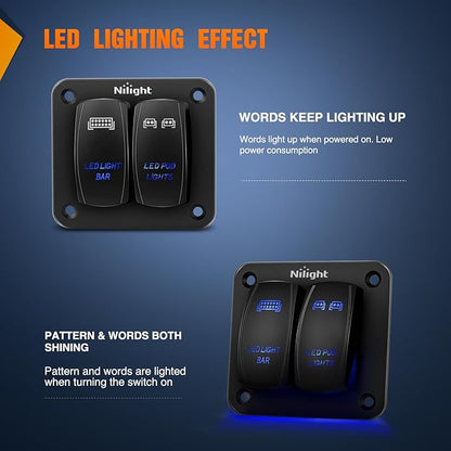 Nilight 90423B 2Gang Aluminum Laser LED Light Bar Rocker 12/24V 5Pin ON/Off Pre-Wired LED POD Lights Toggle Switch Panel with Blue LED for Marine Boat Car ATV UTV