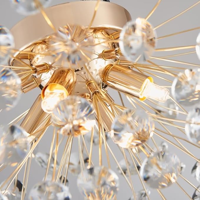 AGV LIGHTING Modern Crystal Flush Mount Ceiling Light Fixture, Dandelion Sputnik Semi Flush Mount Ceiling Light, 12" 4-Light with G9 Base Gold Ceiling Light Fixture