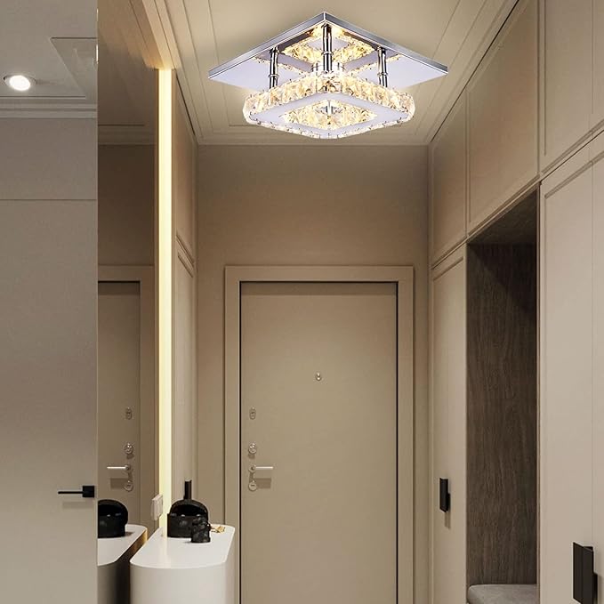 Modern Crystal Chandelier 7.9 Inches Led Ceiling Light Mini Square Flush Mount Ceiling Light for Bedrooms Dinning Rooms Hallway(Changeable Color,15W)