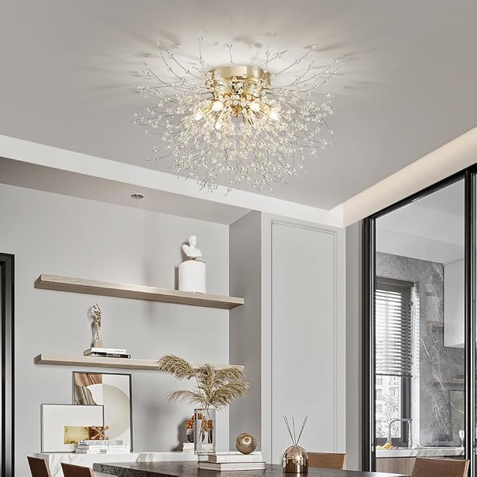 AGV LIGHTING CL023G Crystal Ceiling Light, Close to Ceiling Flushmount Light Fixture, Firework Design Dandelion Shape, 6-Lights, D18 x H10, Gold Finish