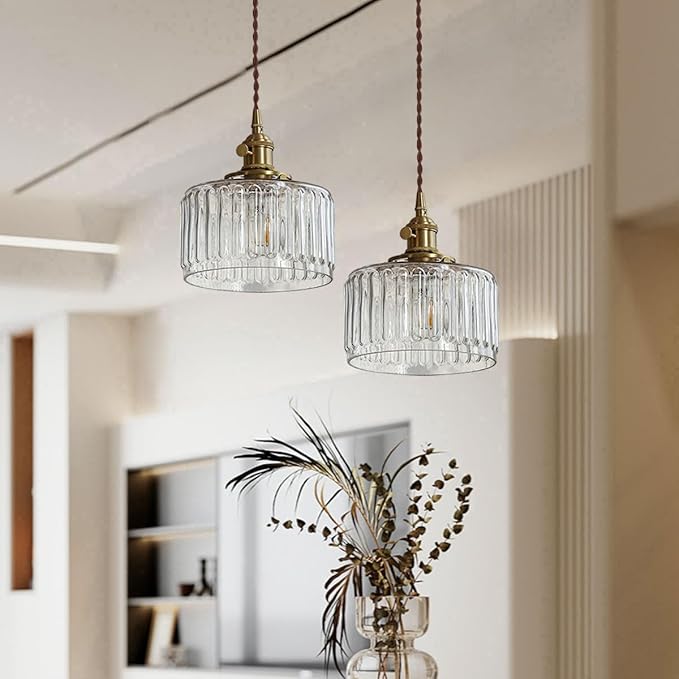 Glass Hanging Lights Kitchen Island Brushed Gold Ceiling Pendant Light Clear Round Light Fixture Striped Glass Shade Vintage Modern Pendant Lighting Chandelier Farmhouse Dining Room