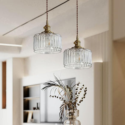 Glass Hanging Lights Kitchen Island Brushed Gold Ceiling Pendant Light Clear Round Light Fixture Striped Glass Shade Vintage Modern Pendant Lighting Chandelier Farmhouse Dining Room