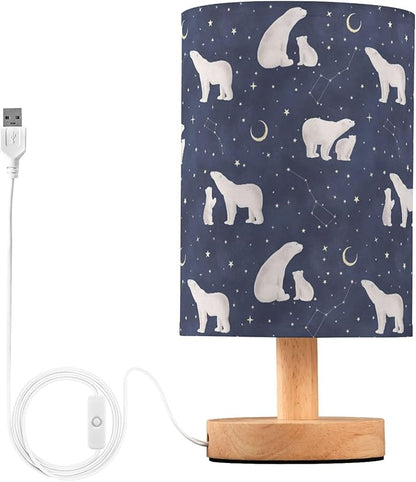 Polar Bear Constellation Star Crescent Pattern Table Lamp with Wood Base Fabric Lamp Shade Bedside Nightstand Desk Lamp for Living Room Bedroom Kids Room Office