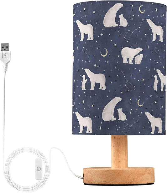Polar Bear Constellation Star Crescent Pattern Table Lamp with Wood Base Fabric Lamp Shade Bedside Nightstand Desk Lamp for Living Room Bedroom Kids Room Office