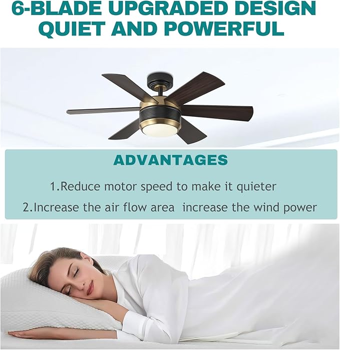SHOWDI Ceiling Fan with Lights and Remote, 6 Blade App Control Timer Reversible Stepless Brightness and Color Temperature Outdoor Wood Ceiling Fan with Lights (Black-Gold, 42 Inch)