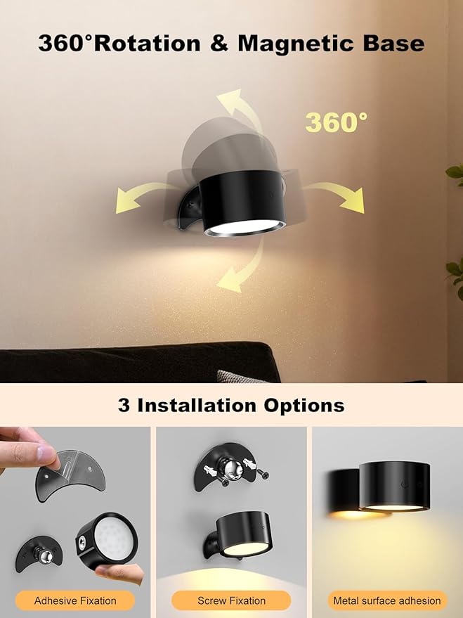 Smiling Shark Wireless Wall Light, Rechargeable Wall Light LED 360° Rotate Magnetic 3 Color & 4 Brightness Stepless Dimming Adhesive Rechargeable Wall Sconce for Bedroom Bedside, Black