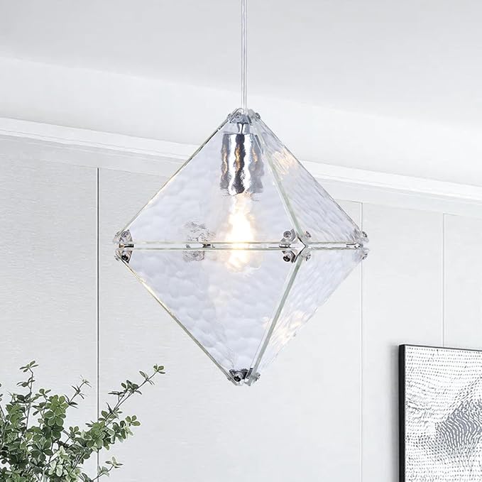 Modern Geometric Pendant Light Water Ripple Textured Glass Chrome Finish Square Diamond Shape, Adjustable Height Hanging Pendant Lighting for Kitchen Island, Dining Room, Entryway
