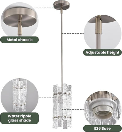Brushed Nickel Crystal Pendant Light for Kitchen Island, Modern Luxury Mini Water Ripple Glass Chandelier Fixture, Square Adjustable Hanging Pendant Lighting for Dining Room Bedroom Hallway (1-Pack)