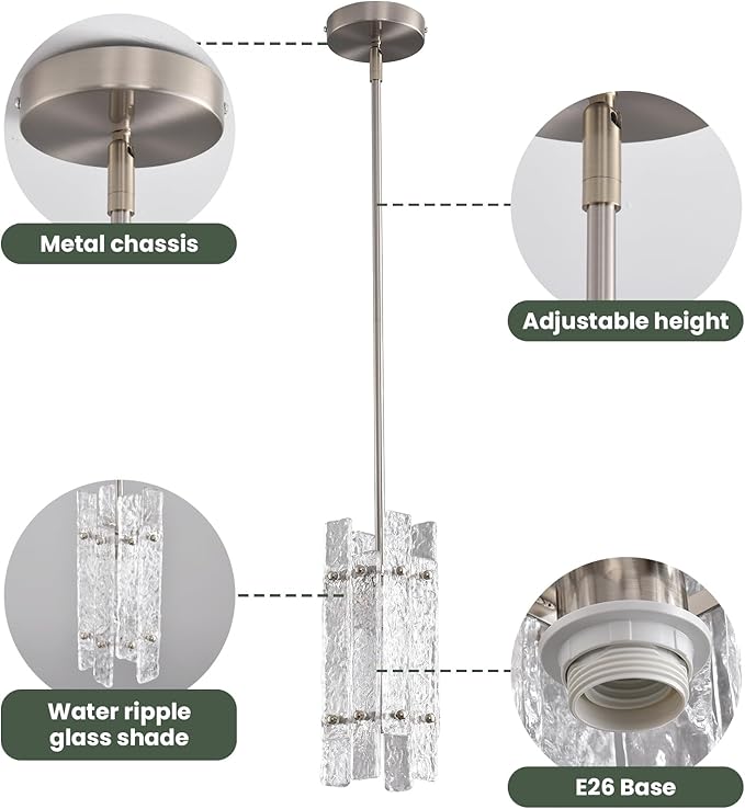 Modern Crystal Pendant Light for Kitchen Island, Brushed Nickel Luxury Mini Water Ripple Glass Chandelier Lights Fixture, Square Adjustable Hanging Pendant Lighting for Dining Room Bedroom (3-Pack)