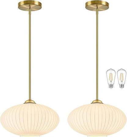12" Milky White Glass Modern Pendant Light Kitchen Island 2 Pack Brushed Gold Mid Century Modern Pendant Lighting with Frosted Glass Hanging Pendants Light for Bedroom（Bulb Incl.）