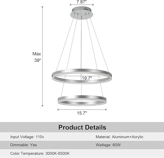 2-Rings Modern LED Chandelier Silver for Dining Room, Dimmable Pendant Lighting with Remote Control Circular Flush Mount High Ceiling Light for Bedroom Living Room Foyer, 3000K-6500K