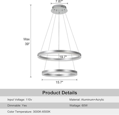 2-Rings Modern LED Chandelier Silver for Dining Room, Dimmable Pendant Lighting with Remote Control Circular Flush Mount High Ceiling Light for Bedroom Living Room Foyer, 3000K-6500K