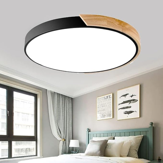 LED Ceiling Light Fixture,10 Inch Modern Wood Recessed Ceiling Lights,Dimmable Light,12W Black Close to Ceiling Lighting Flush Mount Living Room Bedroom,3000K-6000K