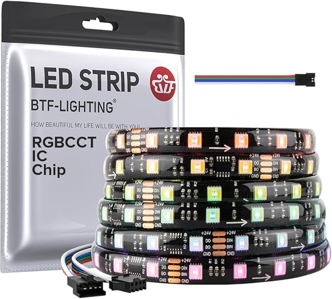 BTF-LIGHTING WS2805 IC RGBCCT Addressable Dual Data LED Strip 5050SMD 16.4FT 60LED/m 10Pixel/m,UL Listed,5 Colors in 1 Chasing Color RGB+CCT 3000K-6500K IP65 DC24V(No Adapter or Controller)