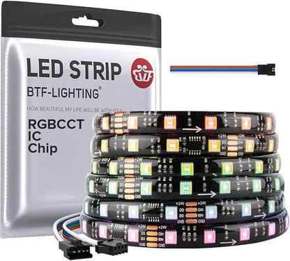 BTF-LIGHTING WS2805 IC RGBCCT Addressable Dual Data LED Strip 5050SMD 16.4FT 60LED/m 10Pixel/m,UL Listed,5 Colors in 1 Chasing Color RGB+CCT 3000K-6500K IP65 DC24V(No Adapter or Controller)