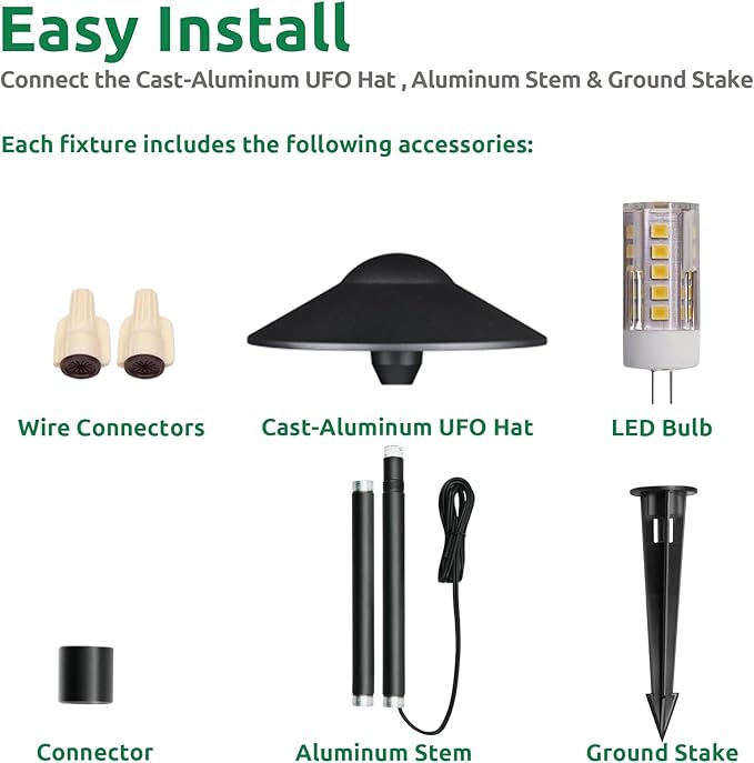 Lumina Lighting® Low Voltage Landscape Lighting Cast-Aluminum Path and Area Light Warm White 3W G4 LED Bulb and ABS Ground Stake Included for Yard Walkway Lawn PAL0108-BKLED8 (Black,8-Pack)