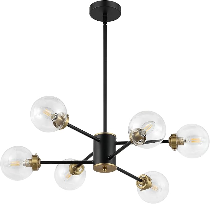 WINGBO 6-Light Sputnik Chandelier, Modern Pendant Light Fixture with 4.7" Clear Glass Globe Shade for Flat and Slop Ceiling, Height Adjustable for Kitchen Living Room Dining Room Bedroom, Black