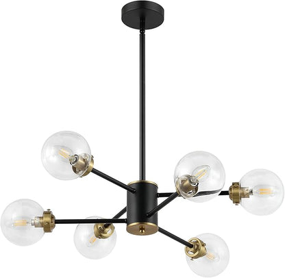 WINGBO 6-Light Sputnik Chandelier, Modern Pendant Light Fixture with 4.7" Clear Glass Globe Shade for Flat and Slop Ceiling, Height Adjustable for Kitchen Living Room Dining Room Bedroom, Black
