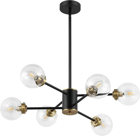 WINGBO 6-Light Sputnik Chandelier, Modern Pendant Light Fixture with 4.7" Clear Glass Globe Shade for Flat and Slop Ceiling, Height Adjustable for Kitchen Living Room Dining Room Bedroom, Black
