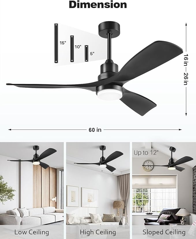 60 Inch Ceiling Fans with Lights Remote, Black Ceiling Fan, 3 Downrods, 3 Wood Blades, ETL Listed, Timer, 6 Speed Reversible DC Motor Outdoor Fans for Patios Bedroom Farmhouse, 60in, Black