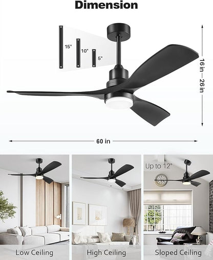 60 Inch Ceiling Fans with Lights Remote, Black Ceiling Fan, 3 Downrods, 3 Wood Blades, ETL Listed, Timer, 6 Speed Reversible DC Motor Outdoor Fans for Patios Bedroom Farmhouse, 60in, Black