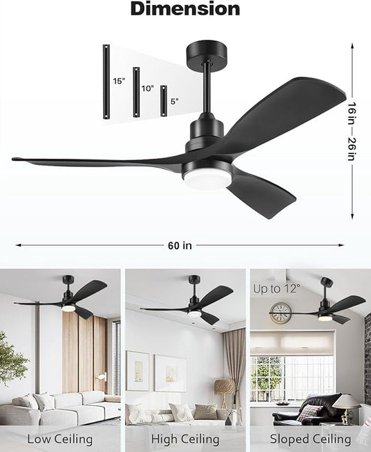 60 Inch Ceiling Fans with Lights Remote, Black Ceiling Fan, 3 Downrods, 3 Wood Blades, ETL Listed, Timer, 6 Speed Reversible DC Motor Outdoor Fans for Patios Bedroom Farmhouse, 60in, Black