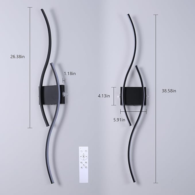Modern Wall Sconce Set of Two, Dimmable Wall Sconces Lighting with Remote Control, Big Size LED Black Wall Light for Living Room Bedroom Hallway