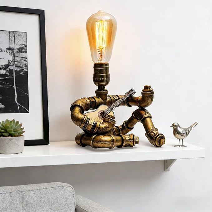 Steampunk Decor Table Lamp for Men Unique Creative Robot Style Desk Lamp,Vintage Industrial Metal Pipe Water Pipe Light, Home Decor Ideal for Bedrooms,Study. (Bronze D)