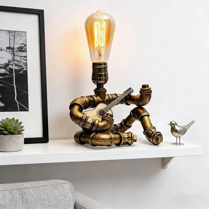 Steampunk Decor Table Lamp for Men Unique Creative Robot Style Desk Lamp,Vintage Industrial Metal Pipe Water Pipe Light, Home Decor Ideal for Bedrooms,Study. (Bronze D)