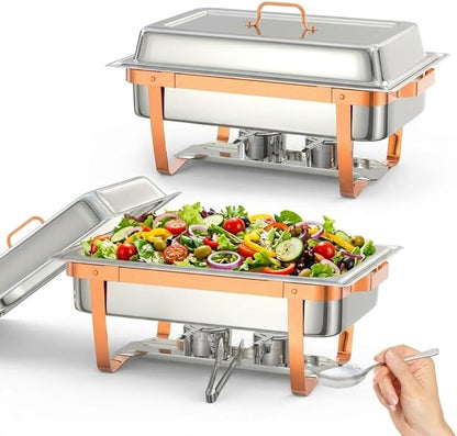 2 Pack Chafing Dishes for Buffet, Stainless Steel Catering Chafer with Lids, Pans & Fuel Holder, 8QT Food Warmers for Parties Buffet, Buffet Servers and Warmers for Parties, Events, Weddings,Rose Gold