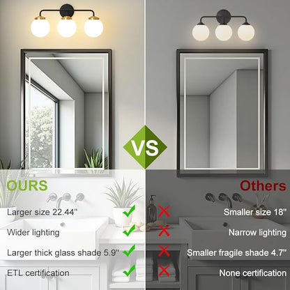 Black Gold Bathroom Light Fixtures Above Mirror, 22.4'' Modern Vanity Lighting with White Glass Globe Shade 3-Light Farmhouse Wall Sconce