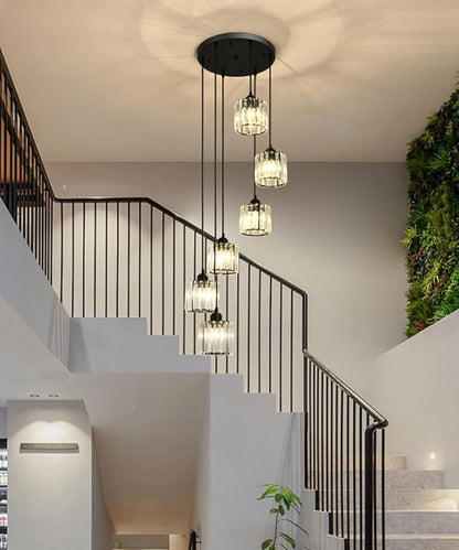 Long Chandeliers for High Ceilings,Modern Crystal Pendant Light,Raindrop Drop Lamp,Hanging Flush Mount Lighting Fixtures for Spiral Staircase,Foyer,Entryway,Living Room,Black (6 Lights)
