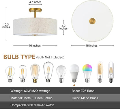 Bargeni Semi Flush Mount Ceiling Light Fixture,16 inch Drum Flush Mount Ceiling Light, Modern Light Fixtures Ceiling Mount with Matte Brass Finish, Semi Flush Ceiling Light for Bedroom,Dining Room